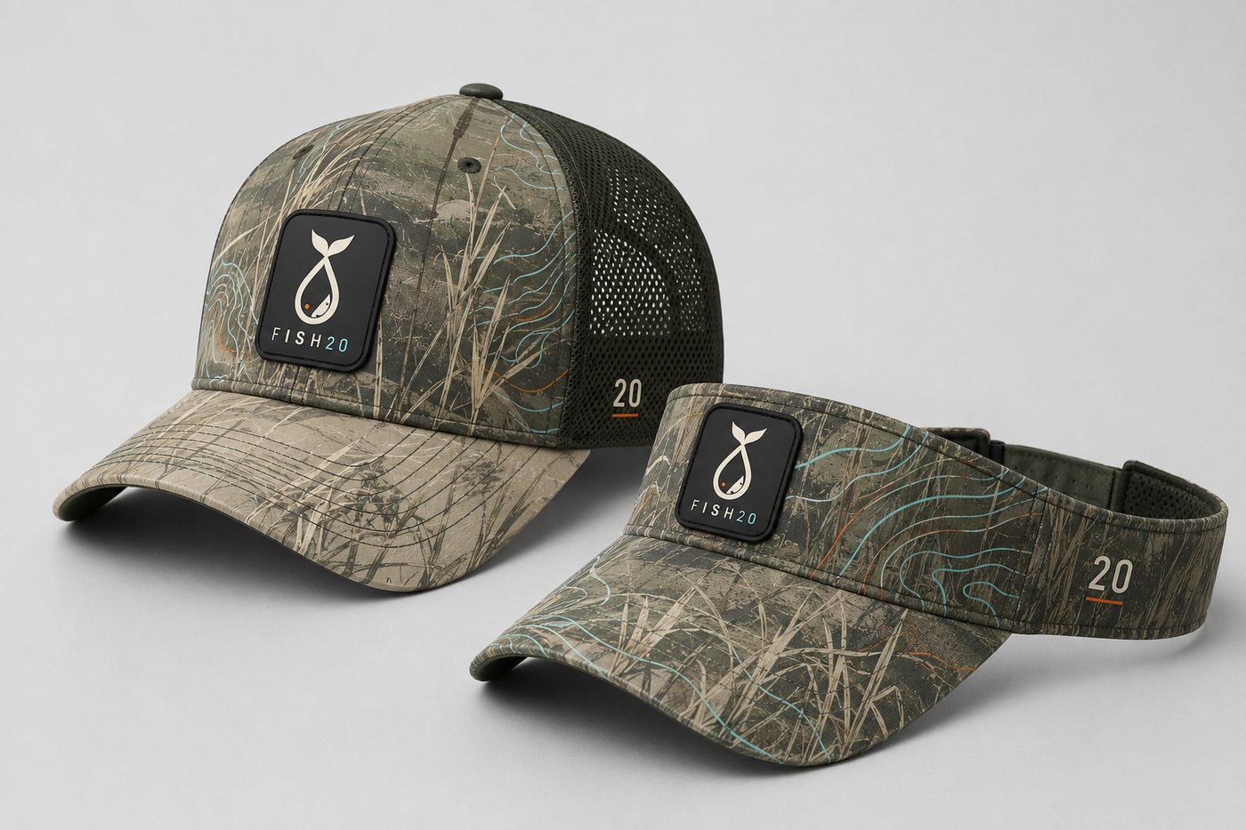 Fish2O marsh camo trucker cap and visor